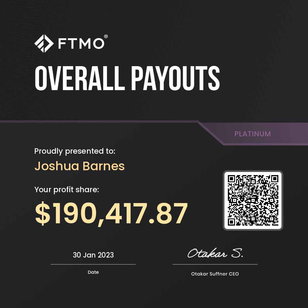 FTMO payout certificate presented to Joshua Barnes