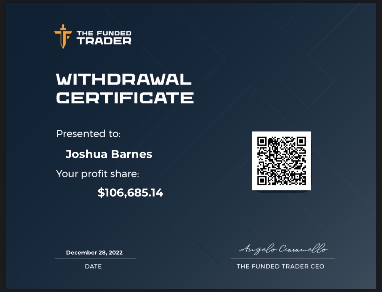 The Funded Trader payout certificate presented to Joshua Barnes