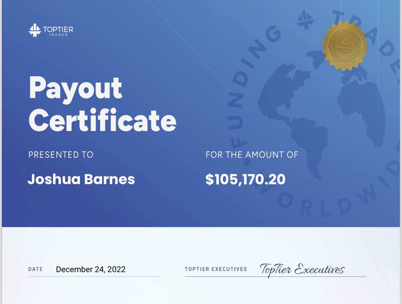 TopTier payout certificate presented to Joshua Barnes